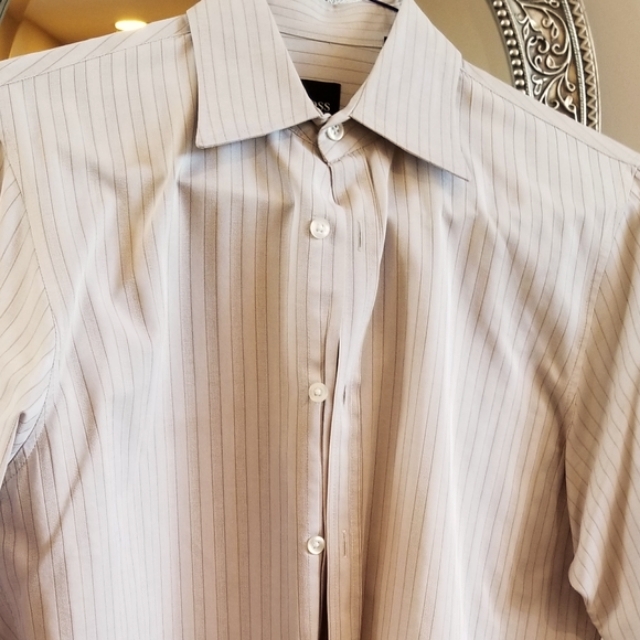 Hugo Boss Button Down Beige Collared Vertical Multi-Stripe Shirt